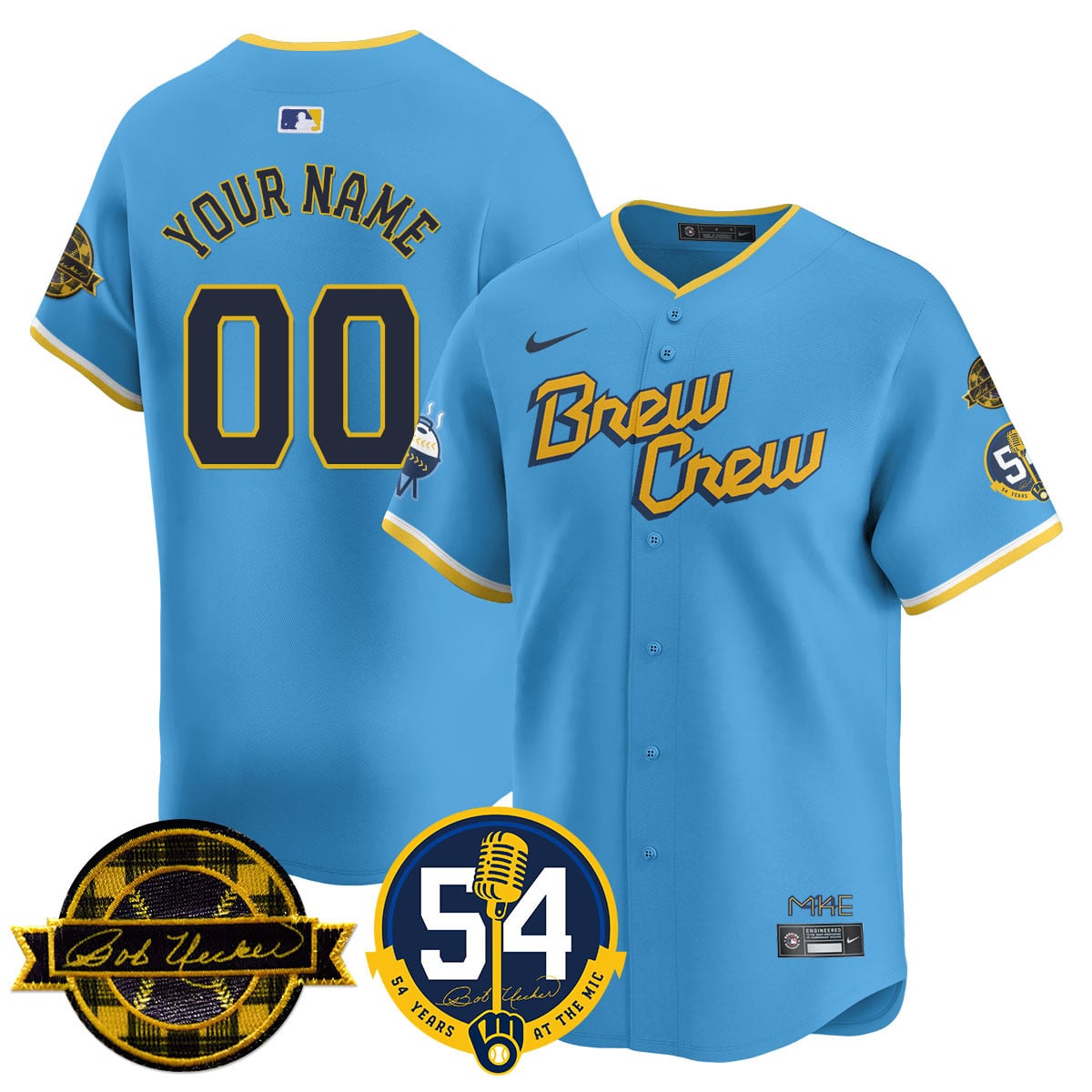 Custom Name/Number Milwaukee Brewers Jersey - Bob Uecker, 54 Seasons for Brewers - All Stitched