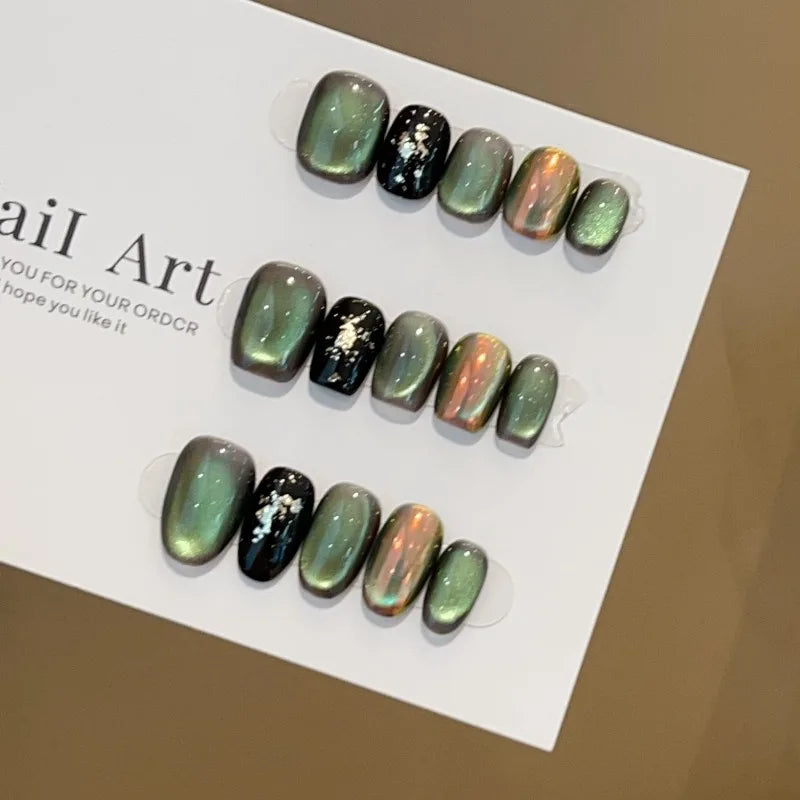 Handmade Press-On Nails Green/Gold Glass Bead Cat's Eye Aurora Pink False Nail Removable Wearable Fake Nail for Women/Girls