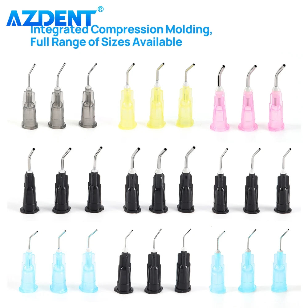 100-Pack AZDENT Dental Pre Bent Dispensing Tip Irrigator Bent Needle Etchant Resin Flow Composite Tips Disposable Applicator