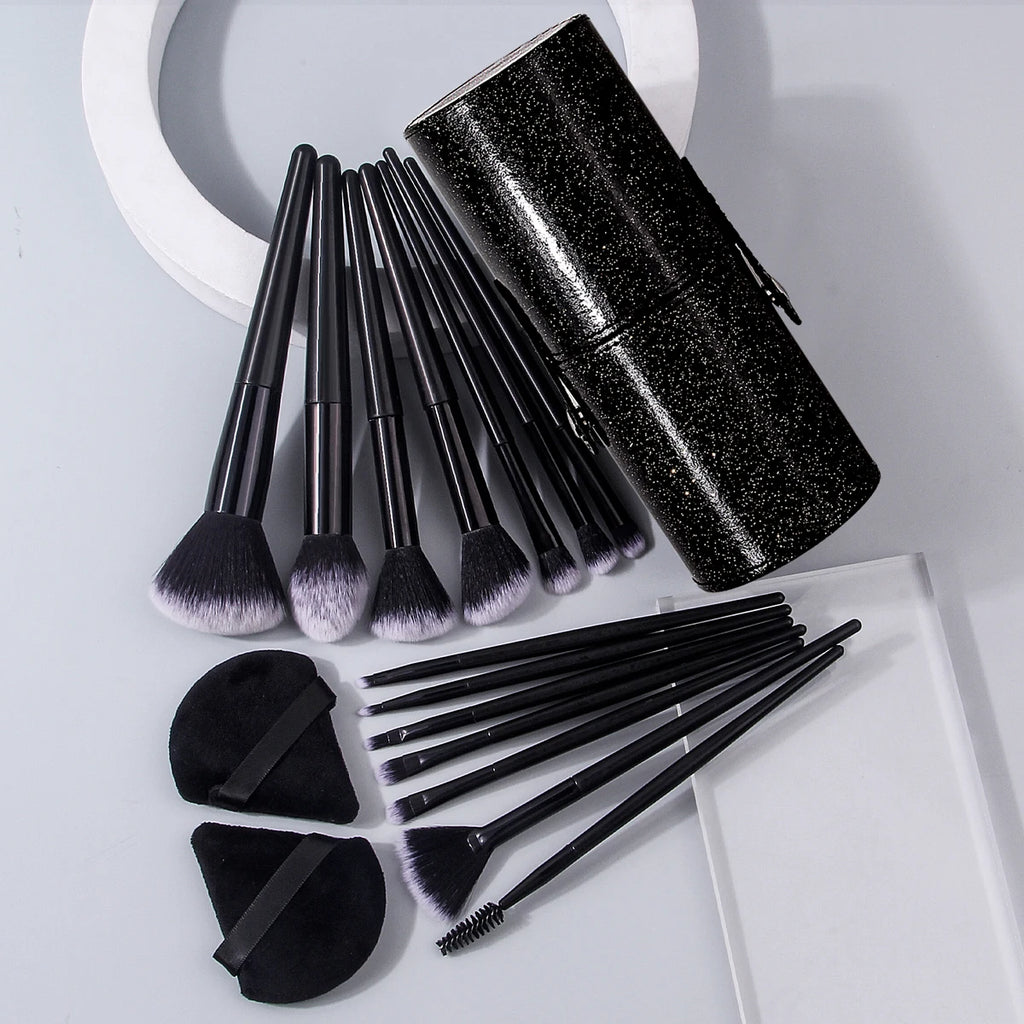 A 14 multi-purpose facial makeup brushes +2 soft triangular powder puffs +1 portable storage bucket