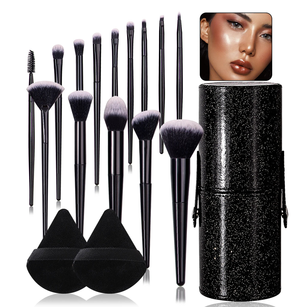 A 14 multi-purpose facial makeup brushes +2 soft triangular powder puffs +1 portable storage bucket