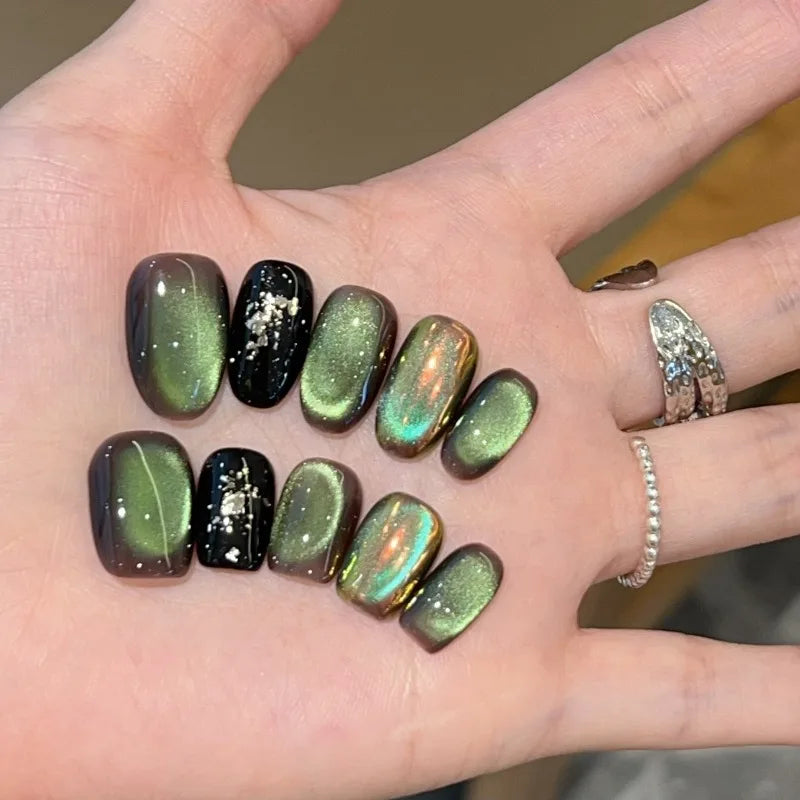 Handmade Press-On Nails Green/Gold Glass Bead Cat's Eye Aurora Pink False Nail Removable Wearable Fake Nail for Women/Girls