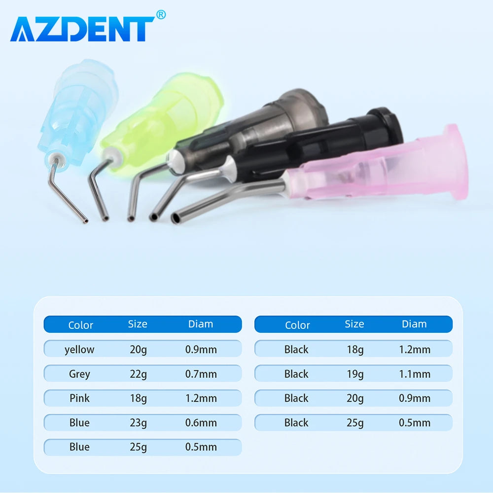 100-Pack AZDENT Dental Pre Bent Dispensing Tip Irrigator Bent Needle Etchant Resin Flow Composite Tips Disposable Applicator