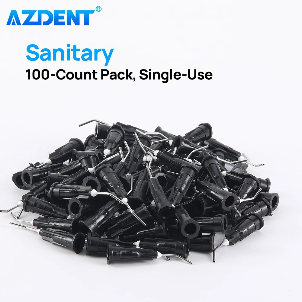 100-Pack AZDENT Dental Pre Bent Dispensing Tip Irrigator Bent Needle Etchant Resin Flow Composite Tips Disposable Applicator