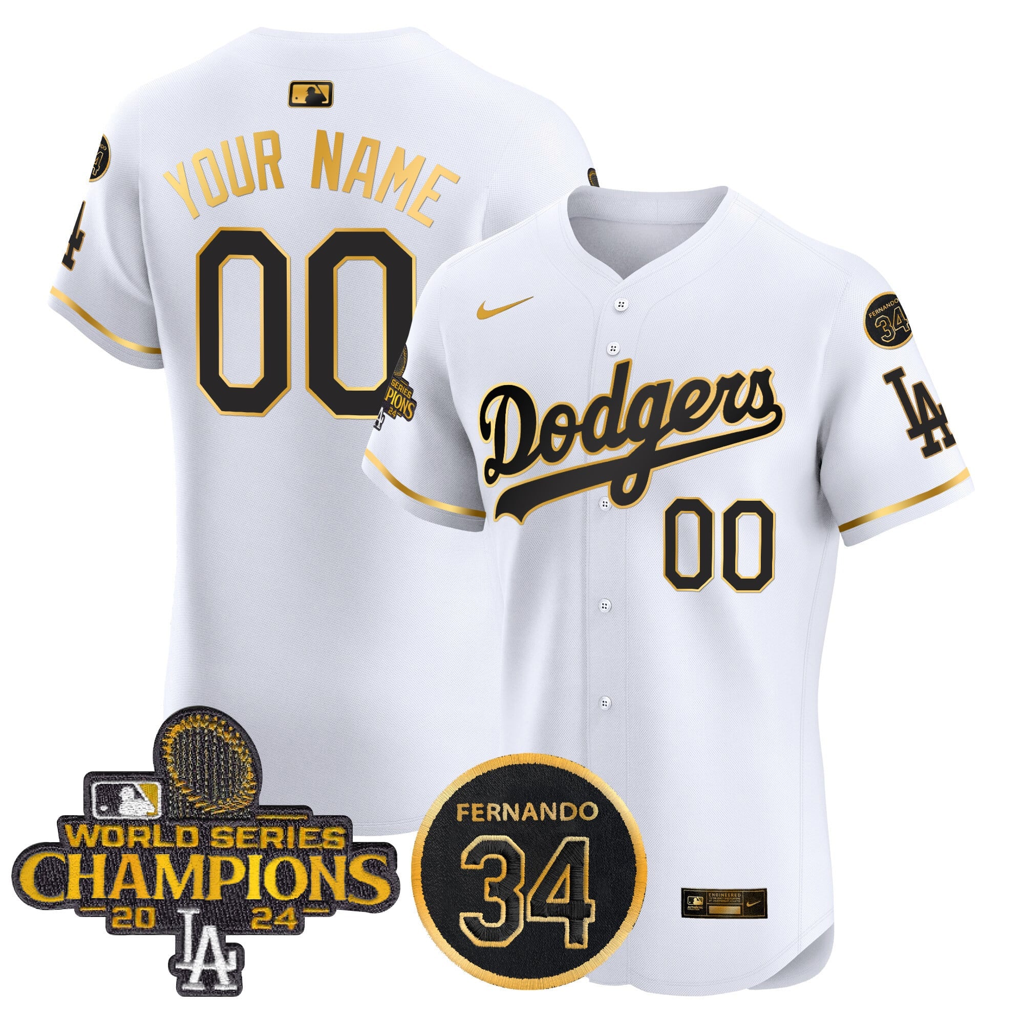 Custom Name/Gender Dodgers 2024 World Series Champions Gold Trim Vapor Premier Elite Jersey V2 - All Stitched
