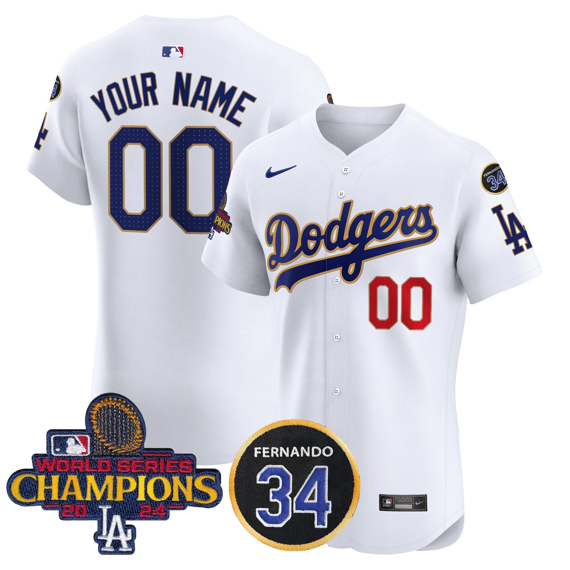 Custom Name/Gender Dodgers 2024 World Series Champions Gold Trim Vapor Premier Elite Jersey V2 - All Stitched