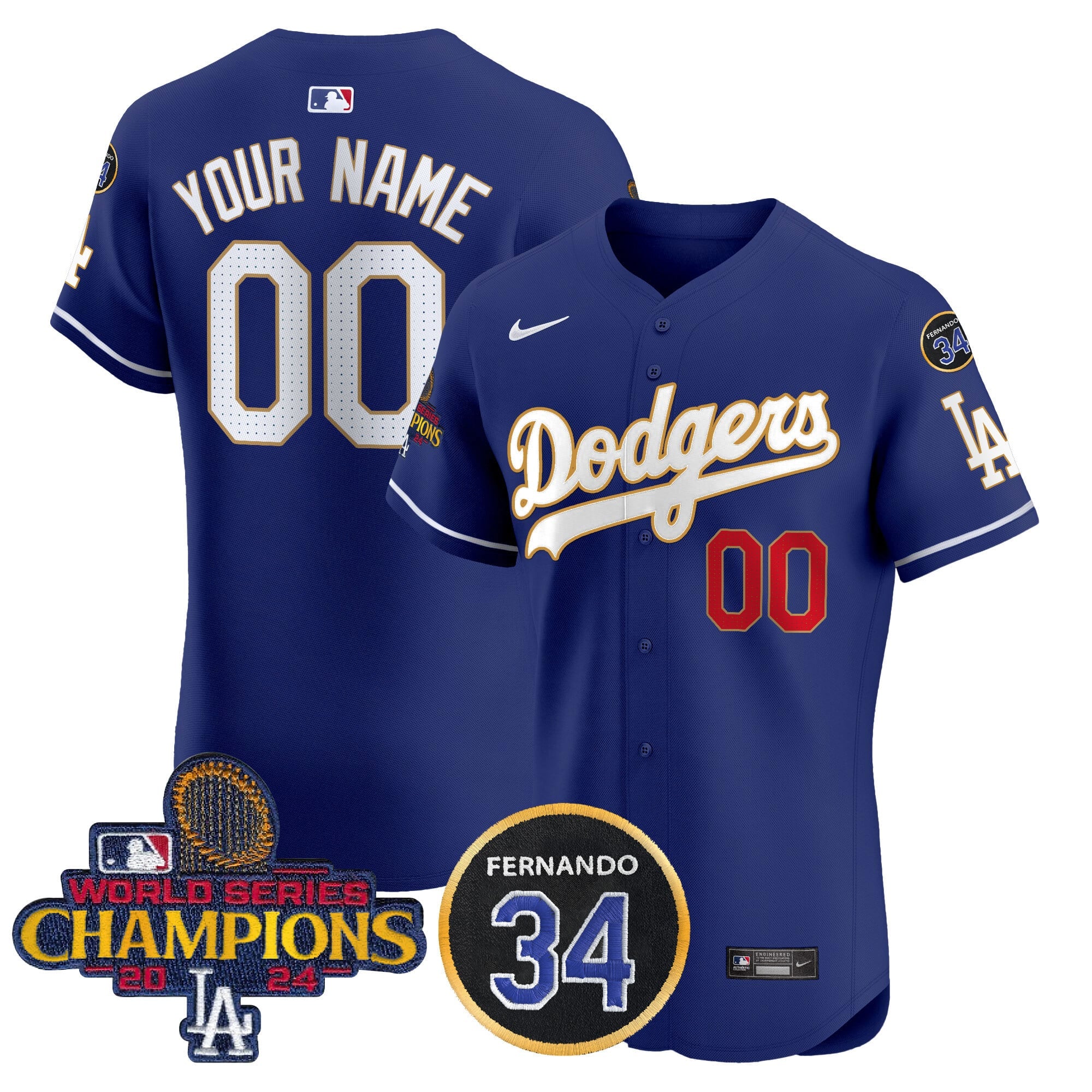 Custom Name/Gender Dodgers 2024 World Series Champions Gold Trim Vapor Premier Elite Jersey V2 - All Stitched