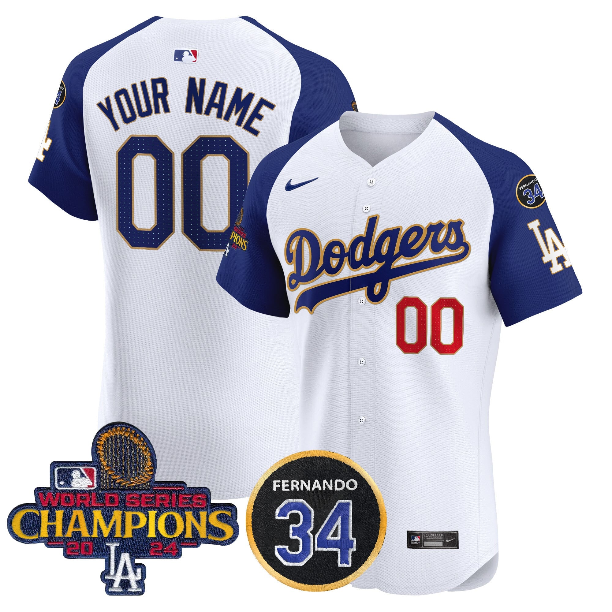 Custom Name/Gender Dodgers 2024 World Series Champions Gold Trim Vapor Premier Elite Jersey V2 - All Stitched